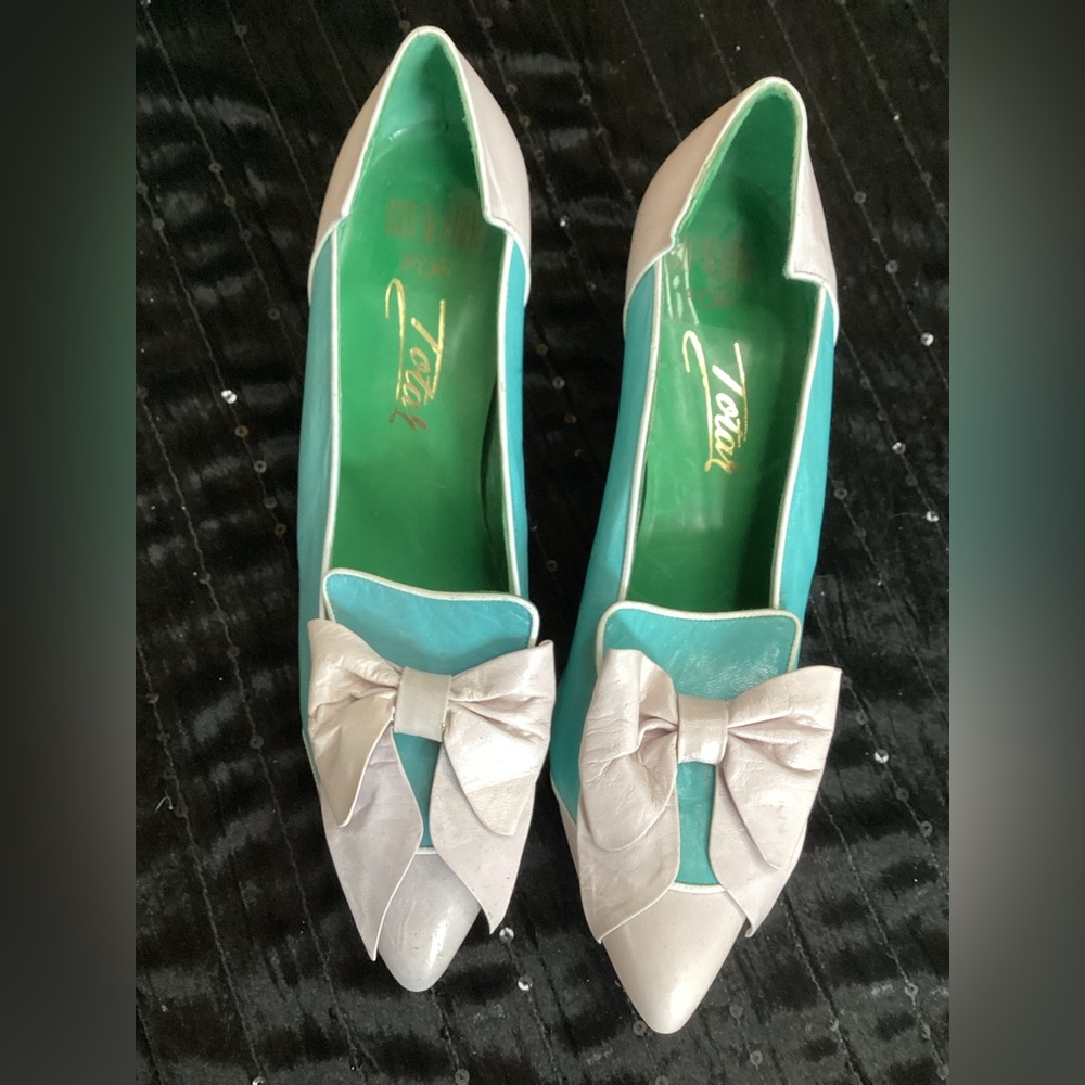 Vtg.Deadstock Fred Slatten for TOTAR Pointed Bow-Front Flats Teal & Baby Pink 7M